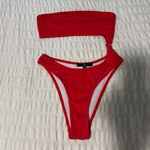 One Piece Cutout Red Swimsuit - Bandeau High Waisted Bottom SZ 0